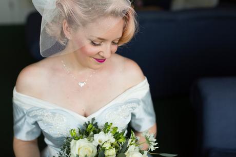 Bride portrait in blue dress Derwentwater Independent Hostel Wedding