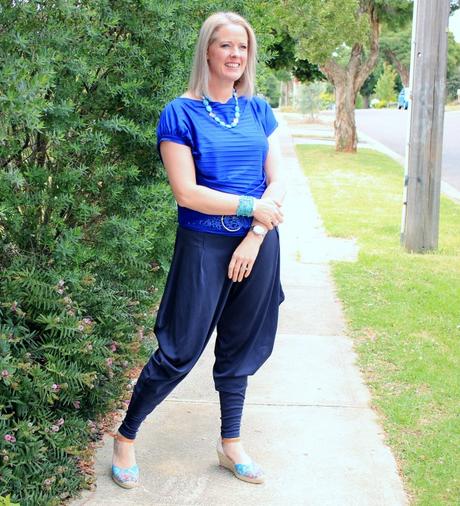 My Summer Style - Navy harem pants with cobalt and turquoise
