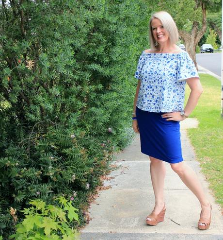 My Summer Style - off the shoulder blue and white print