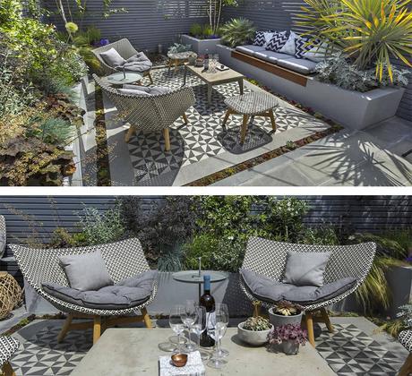 A tiled area is a great way to bring impact to a small space. Garden design by The Garden Builders.