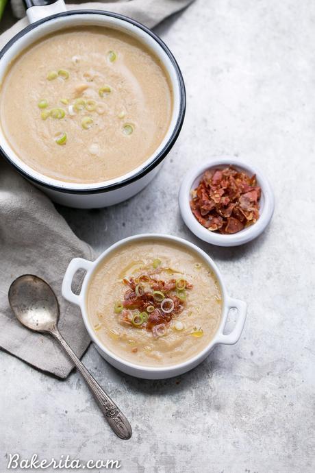 This Cauliflower Leek Soup tastes just like potato leek soup - it's incredibly flavorful and super creamy without ANY dairy needed! Made in just 30 minutes, this Paleo + Whole30-approved soup will definitely warm you up and satisfy - it's also easily made vegan.