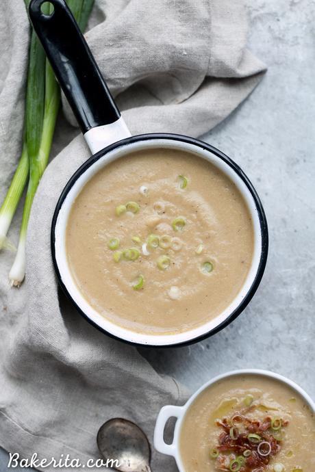 This Cauliflower Leek Soup tastes just like potato leek soup - it's incredibly flavorful and super creamy without ANY dairy needed! Made in just 30 minutes, this Paleo + Whole30-approved soup will definitely warm you up and satisfy - it's also easily made vegan.