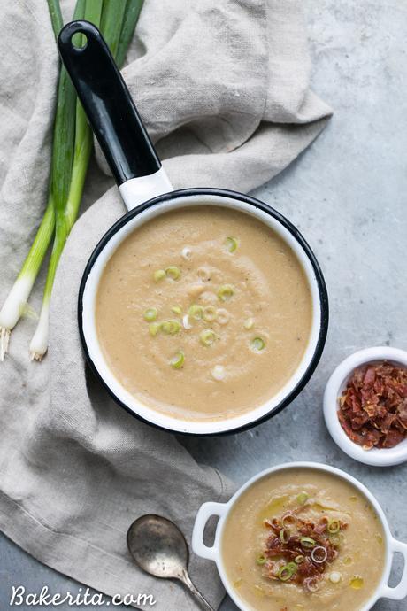 This Cauliflower Leek Soup tastes just like potato leek soup - it's incredibly flavorful and super creamy without ANY dairy needed! Made in just 30 minutes, this Paleo + Whole30-approved soup will definitely warm you up and satisfy - it's also easily made vegan.