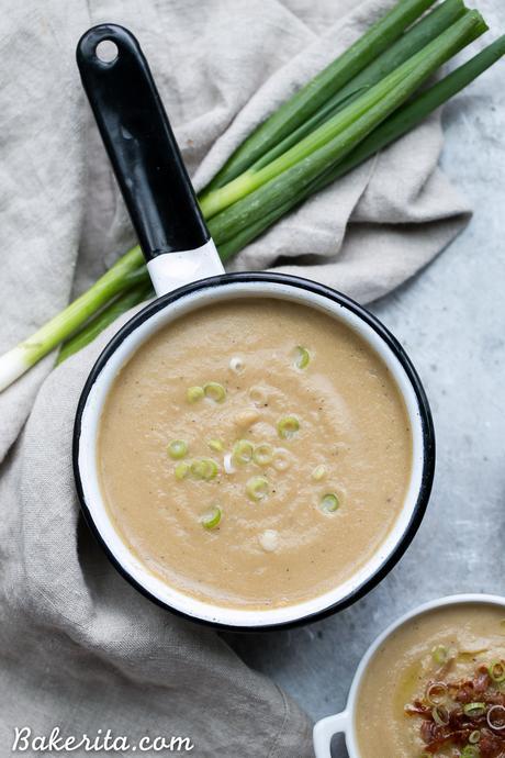 This Cauliflower Leek Soup tastes just like potato leek soup - it's incredibly flavorful and super creamy without ANY dairy needed! Made in just 30 minutes, this Paleo + Whole30-approved soup will definitely warm you up and satisfy - it's also easily made vegan.