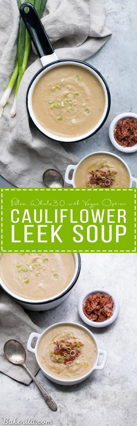 This Cauliflower Leek Soup tastes just like potato leek soup - it's incredibly flavorful and super creamy without ANY dairy needed! Made in just 30 minutes, this Paleo + Whole30-approved soup will definitely warm you up and satisfy - it's also easily made vegan.