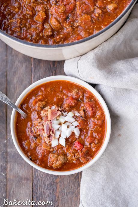 This Paleo Chili is a bean-free, Whole30-approved take on my award winning best chili recipe! It’s a hearty, flavorful chili made with ground beef, sausage, bacon and a wonderful blend of spices.