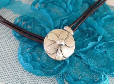 Leather and Sterling Silver Flower Button Choker Necklace...