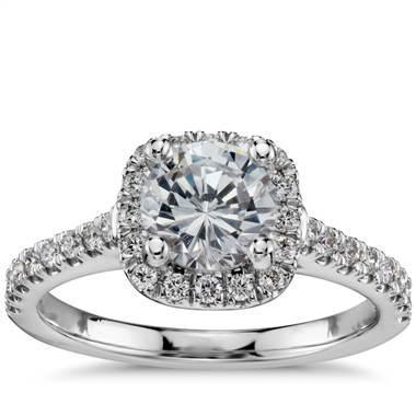 Cushion halo diamond engagement ring setting in white gold at Blue Nile 
