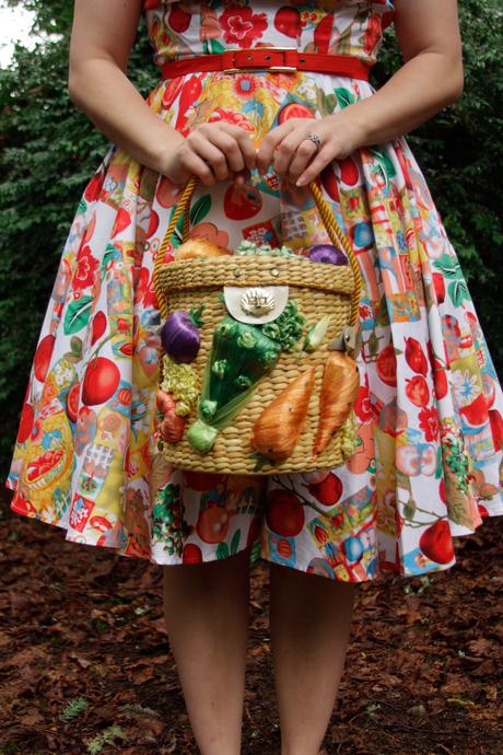 Veggie print dress, vintage veggie purse, and the perfect yellow hat