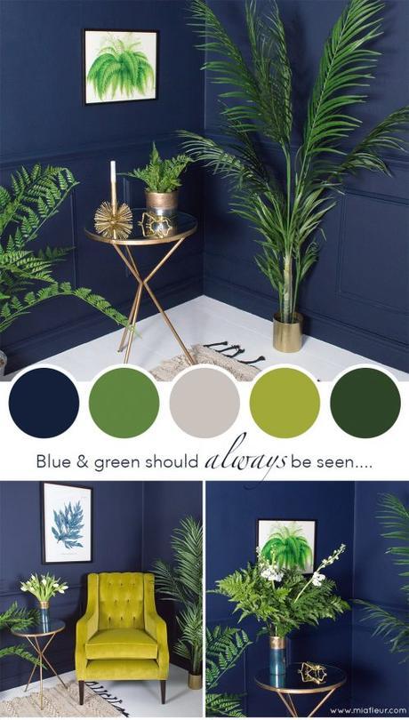 Greenery is the Pantone Colour of the Year, and combined with a deep moody blue, it creates a really striking interior color scheme. Incorporate lots of real or faux houseplants to keep it fresh and zingy.