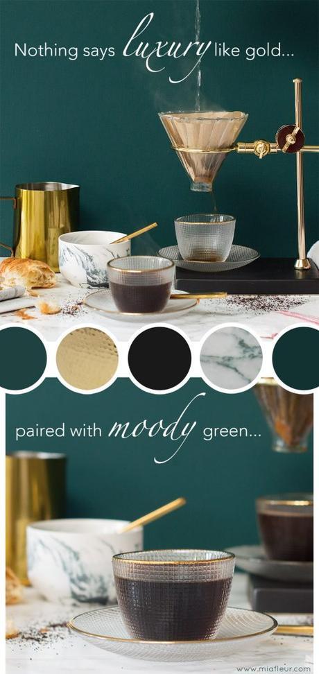 Green interiors are all the rage this season, and nothing says grown up glamour like green walls paired with gold accessories and touches of marble. This striking color palette has a very luxurious feel and is perfect for an on trend kitchen.