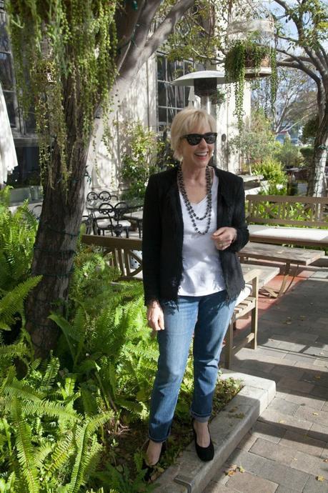Another Little Black Jacket Goes Casual… jeans, tee, black jacket