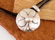 Leather Sterling Silver Flower Button Choker Necklace...