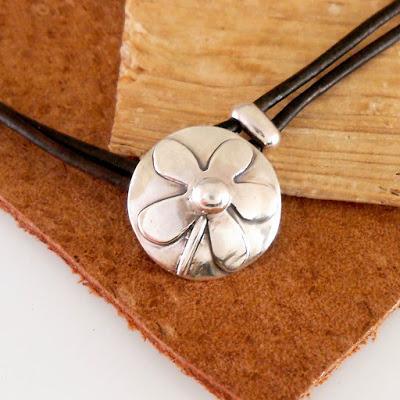 Leather and Sterling Silver Flower Button Choker Necklace...