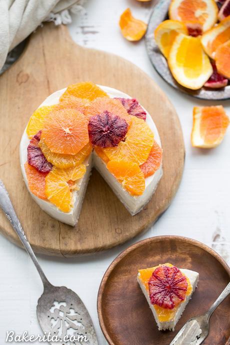 This No-Bake Lemon Cheesecake is a cashew-based raw, vegan, and Paleo cheesecake adorned with slices of juicy citrus. It's incredibly creamy, a little tangy, and lightly sweetened with maple syrup.