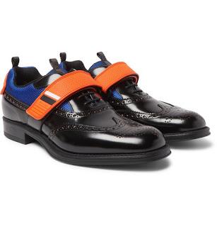 Casual Meets The Cobbler:  Prada Mesh and Rubber-Trimmed Leather Wingtip Brogues