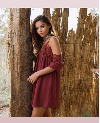 Tobi Summer Dress in Maroon with Lace Details around neck and shoulder.