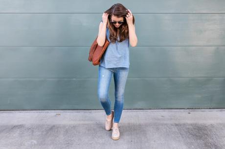 Stitch Fix Amy Havins wears denim and a blouse from Stitch Fix.