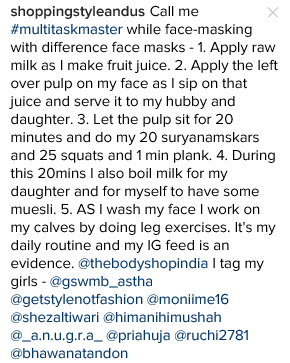 The Bodyshop India #MultiTaskMaster campaign asked how we accomplish different tasks after applying masks. Here ios what Indian Shopping Blog Shopping Style and Us answered.