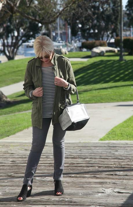 striped tee and utility jacket outfit