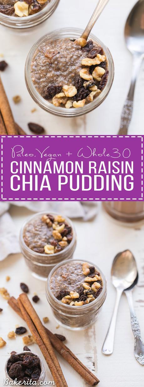 This Cinnamon Raisin Chia Pudding is an irresistibly delicious breakfast or snack made with only five ingredients and five minutes of prep. It's made with almond milk and naturally sweetened with dates, making it Paleo, vegan, and Whole30-compliant.