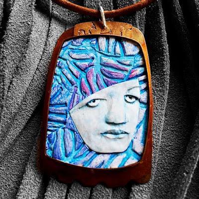Blue Polymer Texture with Face and Copper Bezel Necklace ...