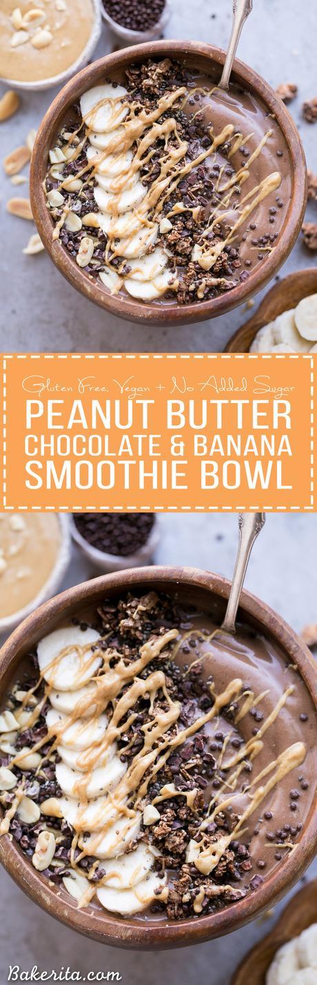 This Chocolate Peanut Butter Banana Smoothie Bowl tastes like a peanut butter cup, but it's actually a filling, superfood-packed breakfast that comes together in just 5 minutes! This gluten-free + vegan smoothie bowl is the perfect way to start the day.