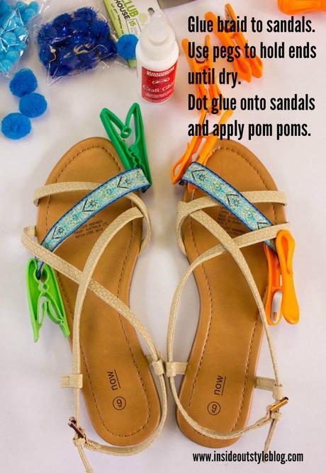 How to make fun embellished pom pom sandals DIY instructions - www.insideoutstyleblog.com