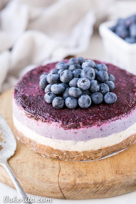 This No-Bake Layered Blueberry Cheesecake is a beautiful and easy-to-make Paleo-friendly + vegan cheesecake made with soaked cashews! The cheesecake layers are lusciously smooth and creamy with a tart, fruity topping.