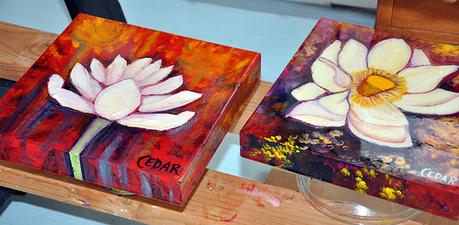 Cedar Lee Lotus paintings on drying rack