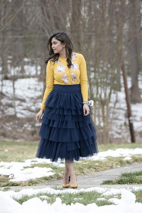 beauty and the beast, outfit of the day, whimsical dressing, street style, tulle skirt outfit, blue tulle skirt, fashion, style, blogger, dmv blogger, fashion stylist, holiday dressing,  skirt outfit, J crew yellow sequin cardigan, ASOS tulle skirt 4