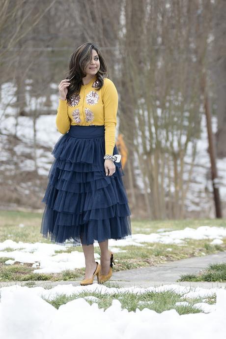 beauty and the beast, outfit of the day, whimsical dressing, street style, tulle skirt outfit, blue tulle skirt, fashion, style, blogger, dmv blogger, fashion stylist, holiday dressing,  skirt outfit, J crew yellow sequin cardigan, ASOS tulle skirt 4