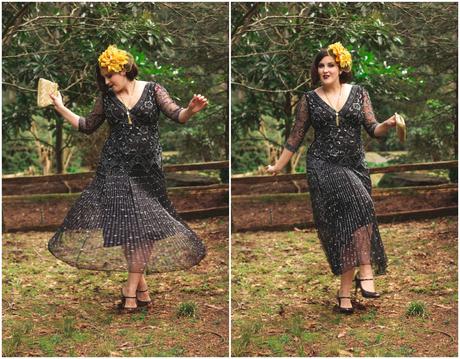 1920’s inspired dress, floral fascinator, and flapper style