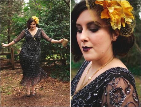 1920’s inspired dress, floral fascinator, and flapper style