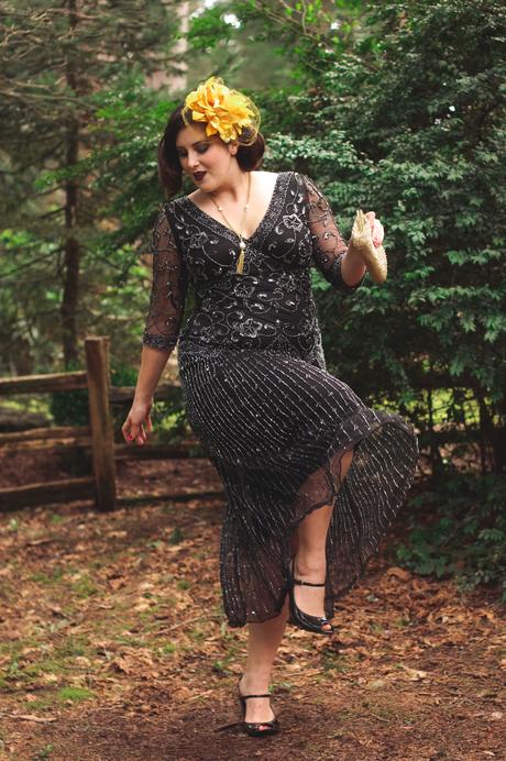 1920’s inspired dress, floral fascinator, and flapper style