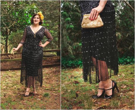 1920’s inspired dress, floral fascinator, and flapper style