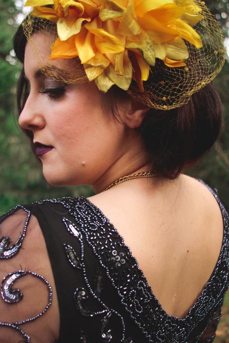 1920’s inspired dress, floral fascinator, and flapper style