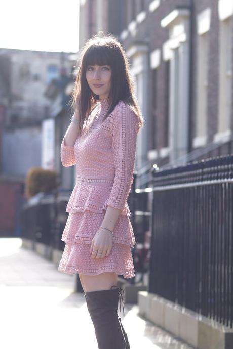 Hello Freckles Blush Pink PrettyLittleThing Lace Dress Over The Knee Boots Personal Styling Spring Outfit