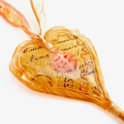 Handmade Resin Heart with Waxed Linen and Shell on Batik ...