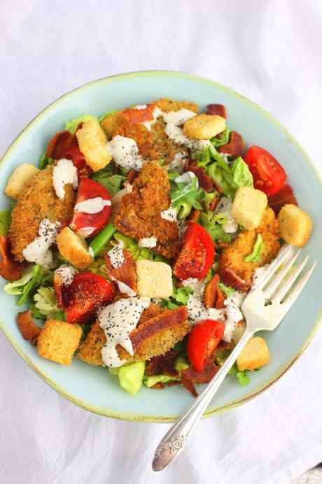 Fried Green Tomato BLT Salad for #SundaySupper Fried Green Tomato BLT Salad with Homemade Ranch Dressing