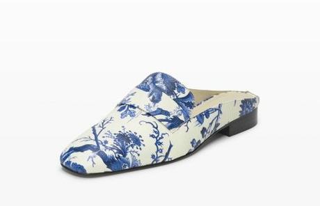 blue and white print mule