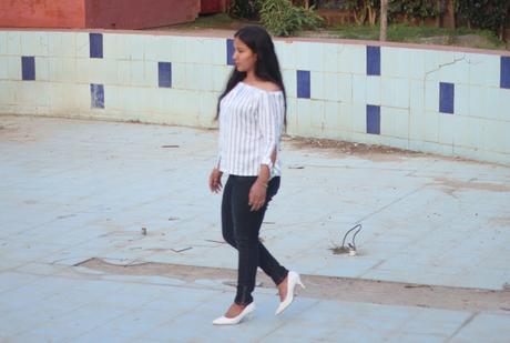 Thrifted Off-Shoulder Top, Westside Jeans, MFT Couture White Pumps and A lot of simplicity in the look by  India Fashion Blogger Shopping, Style and us