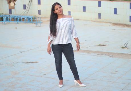 Thrifted Off-Shoulder Top, Westside Jeans, MFT Couture White Pumps and A lot of simplicity in the look by  India Fashion Blogger Shopping, Style and us