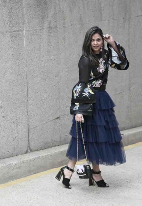 how to wear tiered ruffle sleeves, bell sleeves, tulle navy skirt outfit, kat maconie black sandals, NY designer mesh printed top, spring style, eveing look, party, style, street style, OOTD 