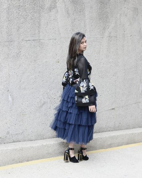 how to wear tiered ruffle sleeves, bell sleeves, tulle navy skirt outfit, kat maconie black sandals, NY designer mesh printed top, spring style, eveing look, party, style, street style, OOTD 