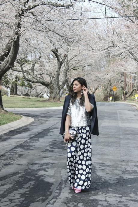 how to wear daytime sequin, cherry blossom, polka dot wide leg pants, daytime chic, outfit of the day, ootd, street style, chic, fashion, fashion blogger, white and blue , pink lipstick, j crew sequin blouse, spring outfit 