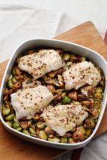 Butter-Baked Fish with Brussels Sprouts and Mushrooms