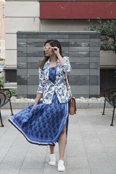 how to dress like  a strret style star, sneakers, embroidered sneakers, banana republic blue paisley dress, print on print, aldo zebra bag, print mixing, fashion, style, ootd, blue dress , redblue and white, myriad musings, Saumya Shiohare