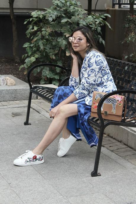 how to dress like  a strret style star, sneakers, embroidered sneakers, banana republic blue paisley dress, print on print, aldo zebra bag, print mixing, fashion, style, ootd, blue dress , redblue and white, myriad musings, Saumya Shiohare