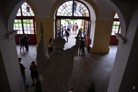 Visitors in the entryway to Archbishop's Chateau in Kromeriz